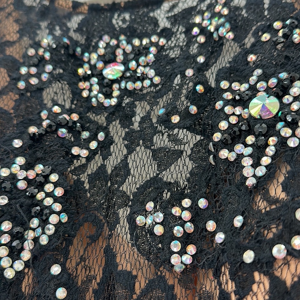 Jovani Black Lace Swarovski stoned Jumpsuit with nude underlay very soft stretch - Picture 3 of 8